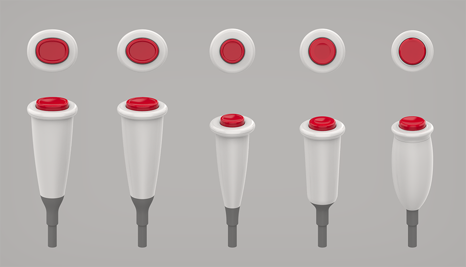 Five concepts are shown that were proposed for the new nurse call button. The cylindrical portions are shown with varying lengths, widths, and curvatures.