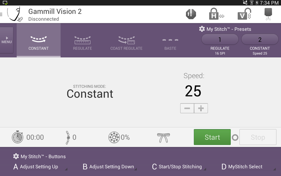 A screen capture of the Vision 2.0 user interface is shown, which shows the quilting machine speed and stitching mode, along with other settings and information.