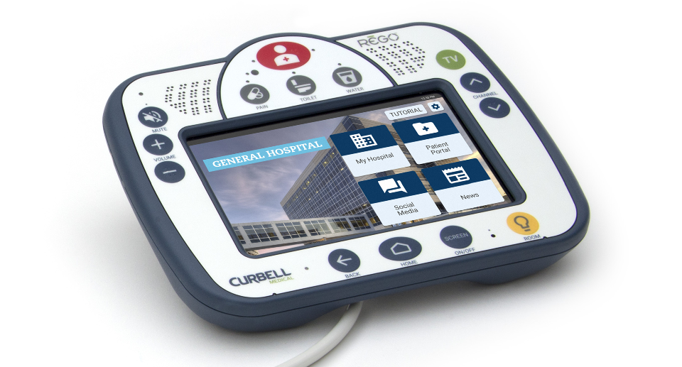 The Rego patient interaction system hand-help device is shown, with the UI showing a hospital network and several options for selection.