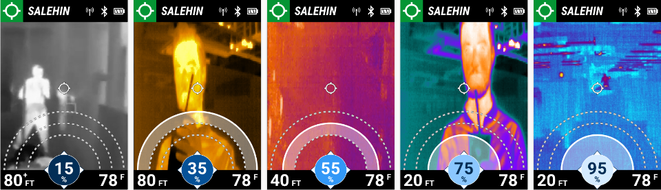 Five screen captures of the LUNAR search and rescue device are shown, as the distance to the downed firefighter decreases and the signal strength grows.