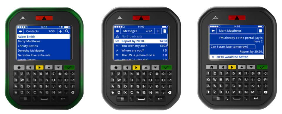 Three Mine Communicators are shown with different UI screen captures. One mine communicator is ringed in green LEDs to indicate a message has been received.