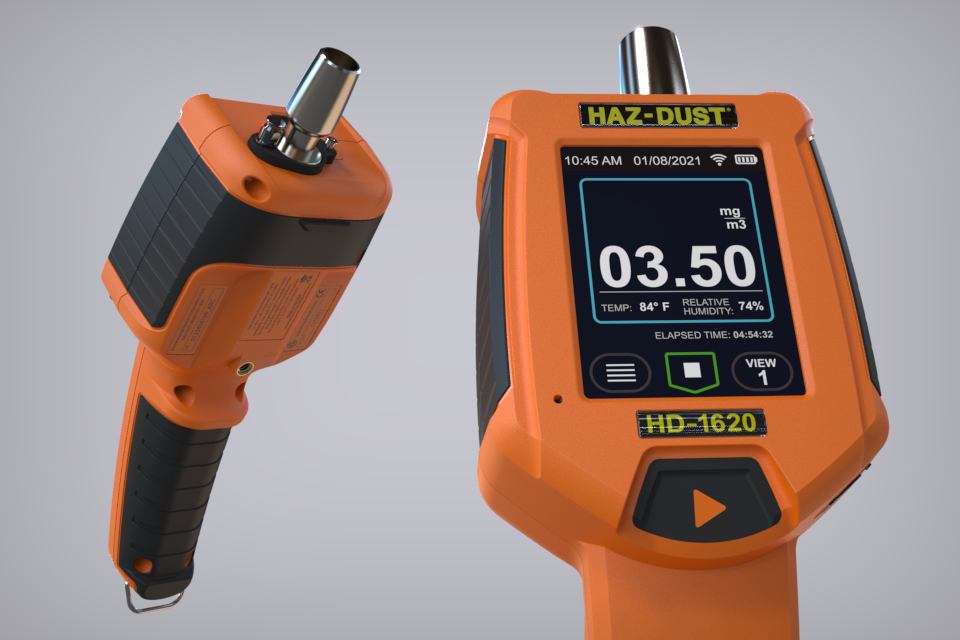 The orange and black hand-held Haz Dust unit is shown from the front and the back.