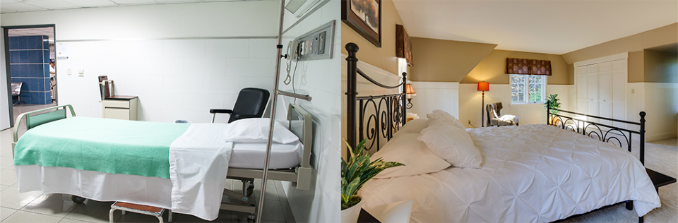 Two side-by-side images depict a typical hospital room and a typical home bedroom.