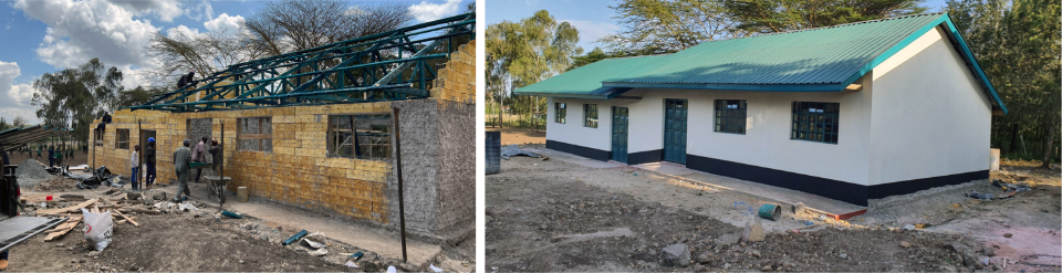 A building that is in progress, as workers add insulated concrete forms to the walls, and the finished construction.
