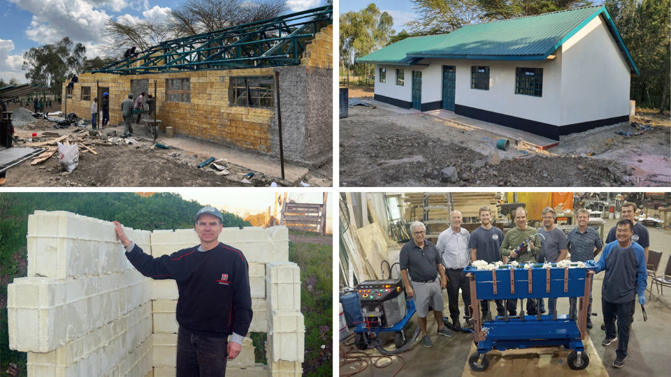 A building that is in progress, as workers add insulated concrete forms to the walls, and the finished construction. Details of the foam blocks and the machine that is used to create the blocks are visible.