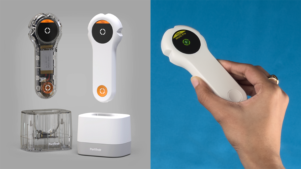 Two side-by-side images are shown. On the right, a  hand is holding the Portfindr device. On the left, a photo-realistic rendering of the Portfindr and a charging dock are shown.
