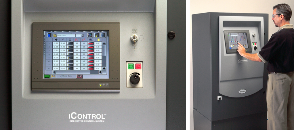 A man is shown interacting with the iControl integrated control system and a detail view of the interface screen is shown.