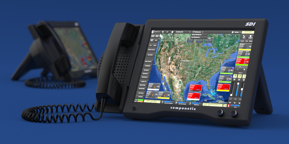A mission-critical communicator is shown, which is a phone with a large display that is showing a map of the US.