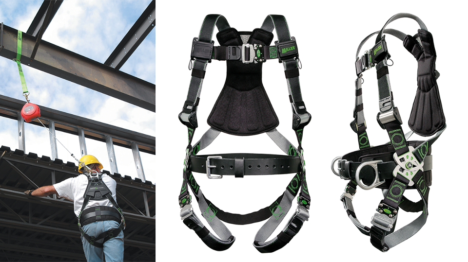 Front and side views of the harness are visible in detail with a view of a construction worker wearing the safety harness while connected to a safety line.