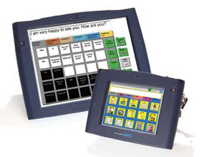 A large version and a smaller version of an augmentative communication device is shown. Each is a touch screen that allows the person to tap images and words to have the device speak for them.