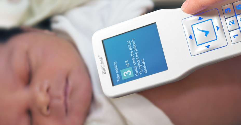 The bilirubin infant screening device is shown in use taking a measurement of a sleeping infant. Step 3 of 5 is shown on the screen to guide the user through what needs to be done.