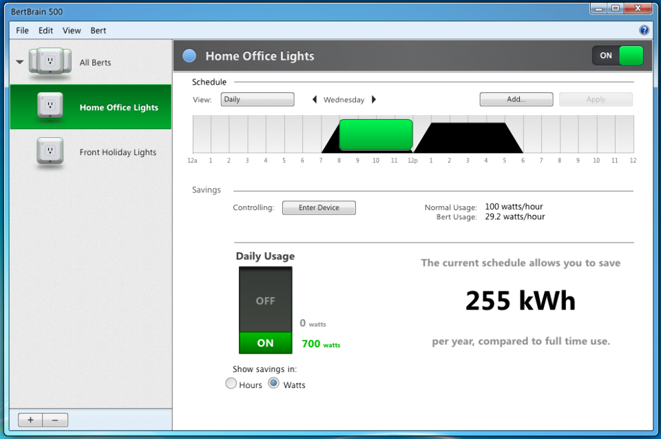 The user experience of the WiFi power manager is shown, which displays the schedule and projected savings for a power manager.