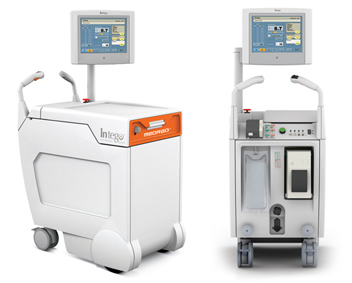 Two images, a side view and a front view, are shown of the PET scan infusion system, which is a white cart with ergonomic handles with a screen above the cart.