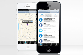 A white and a black smart phone are shown with the Evive app open. One shows the map that allows the user to find stations, and the second shows the activity log of the user.