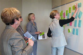 Four women group ideas on a wall that are written on post-it notes.