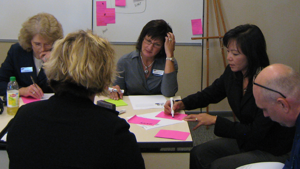 Training attendees are sitting at a table together brainstorming and writing their ideas on post-it notes.