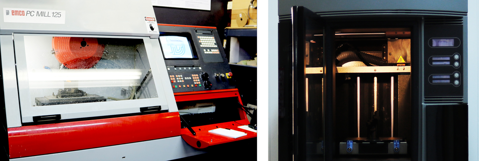 An external view side-by-side of an internal view of the new rapid-prototyping machines.