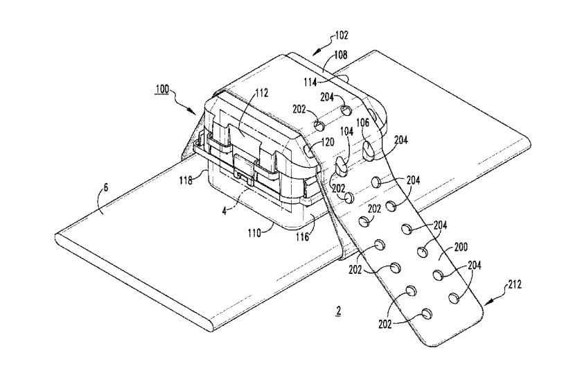 A linedrawing from the patent of a component held in place by a strap.