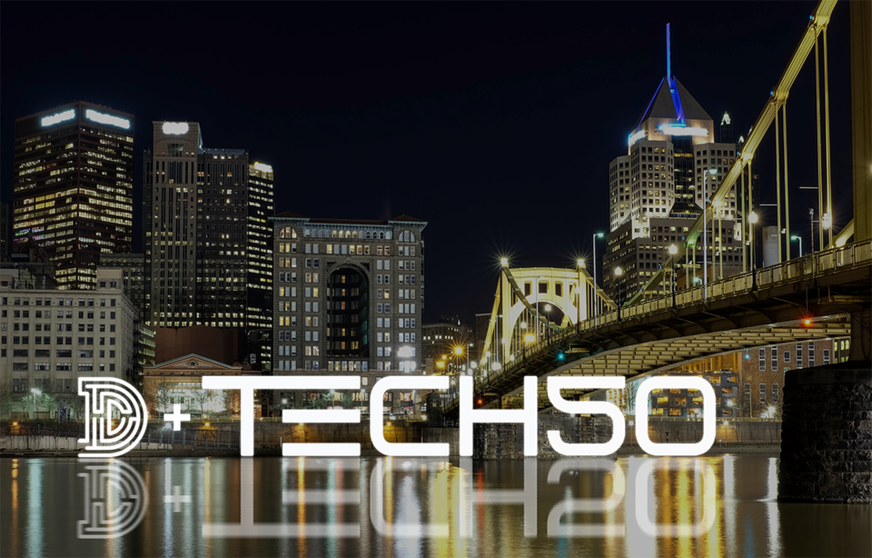 The Daedalus D logo and the Tech 50 logo are superimposed over an image of Pittsburgh and the Roberto Clemente Bridge at night.