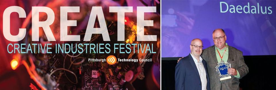 A composite image. The left image shows the Create logo and the Pittsburgh Technology Council logo superimposed over an image of wires and components for a prototype. The right image shows Matt Beale accepting a Create award.